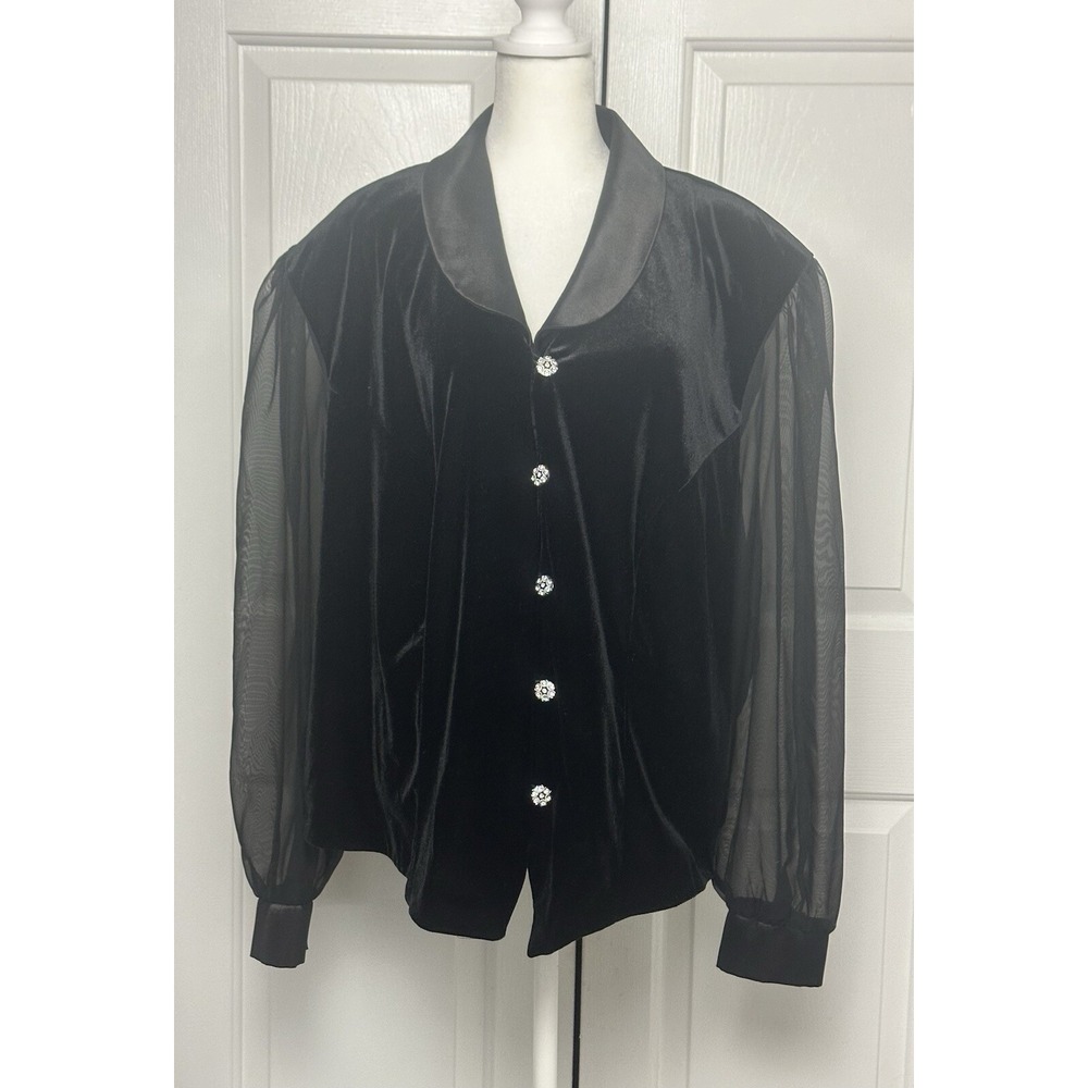 Another Thyme Black Velvet Sheer Sleeve Rhinestone Jeweled Buttons-Sz 24W‎